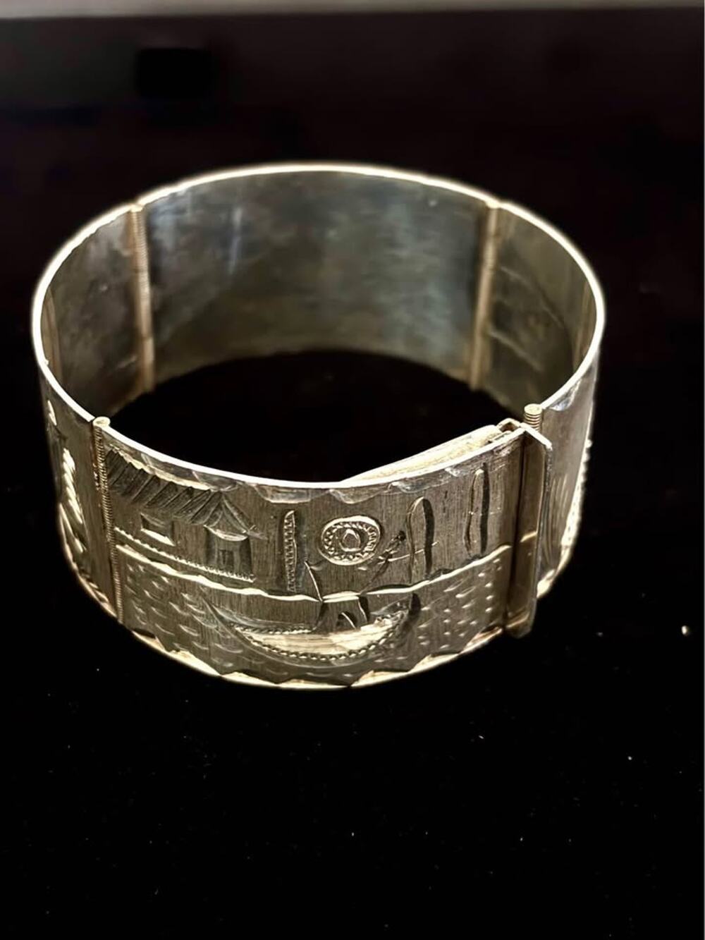 Vintage Sterling Silver Panel Bracelet – Cowboy Desert Scene – 38.4g, 6.5”